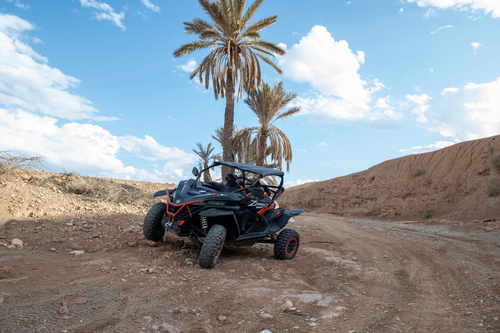 Schwarzer Buggy mit roten Akzenten unter Palmen auf einer Erdpiste, rechts eine Erdböschung