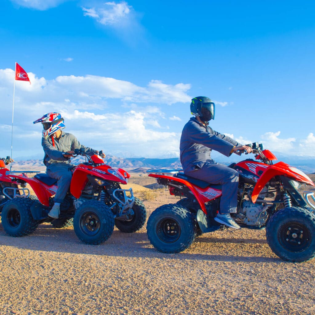 Quad Marrakech for beginners riding safely on Agafay Desert trail with guide